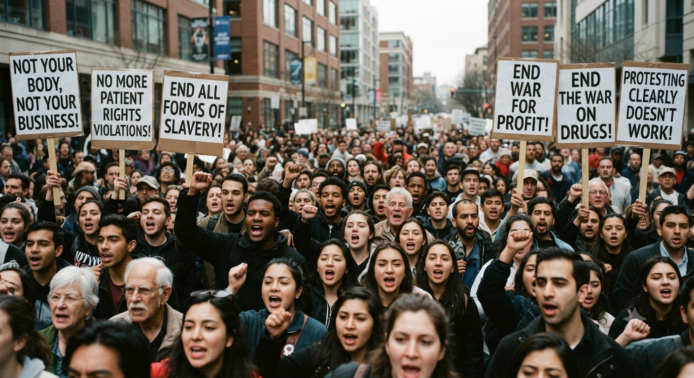 Protesters demonstrating against oppression and legalized forms of terrorism.
